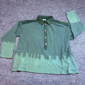 ODDY ODDI Women's Waffle Knit Polo Pullover Ombré Green Dip Dye Oversized Top M